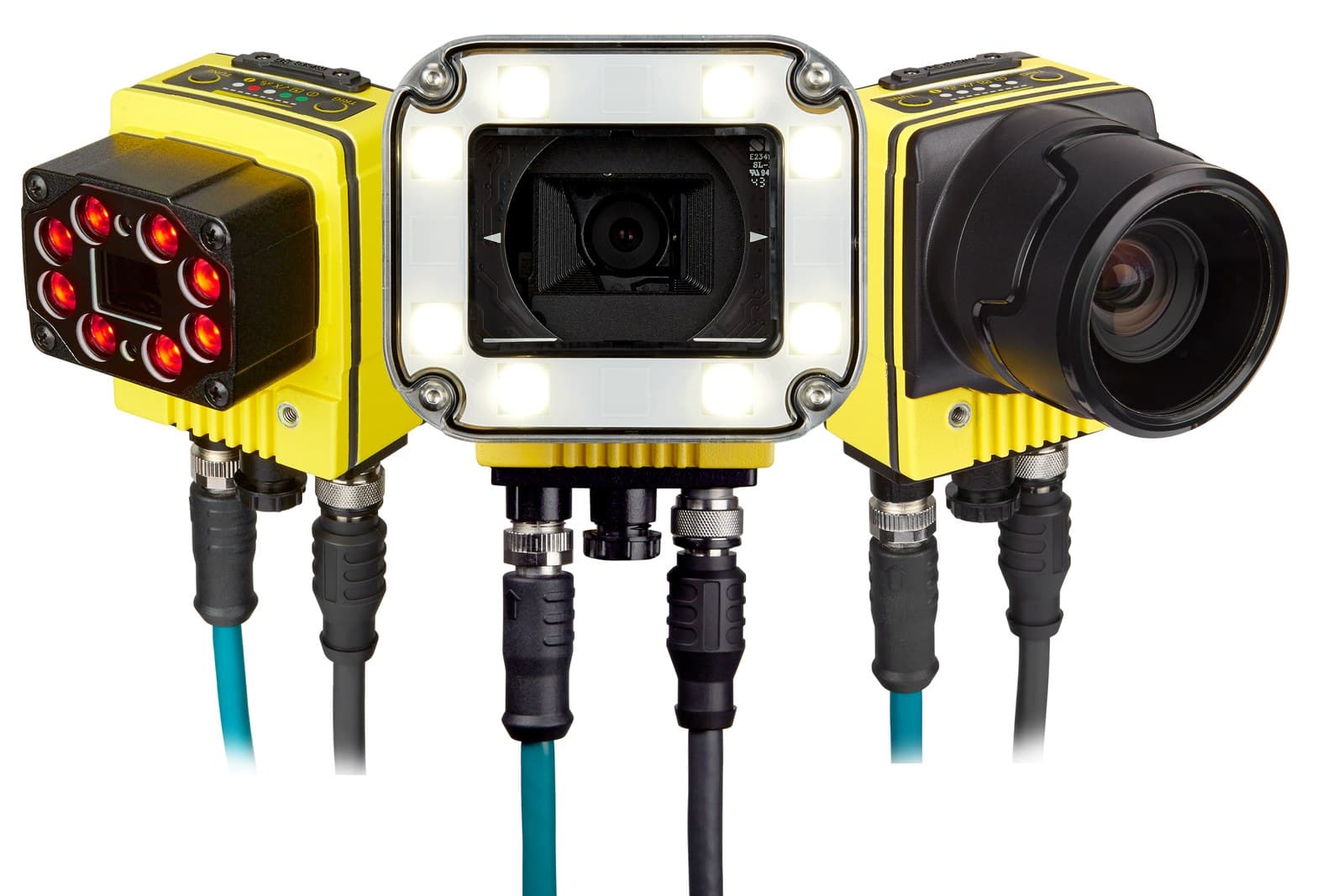 Three Cognex smart cameras with different lens and lighting configurations